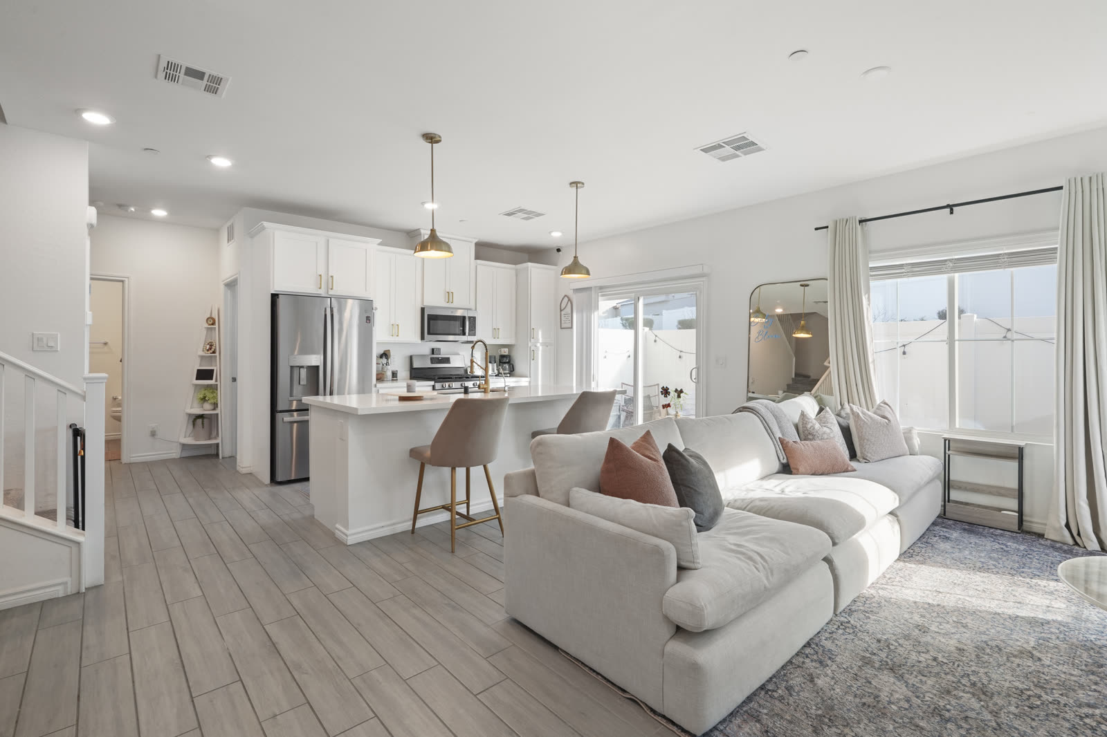 Open-concept kitchen island with living room